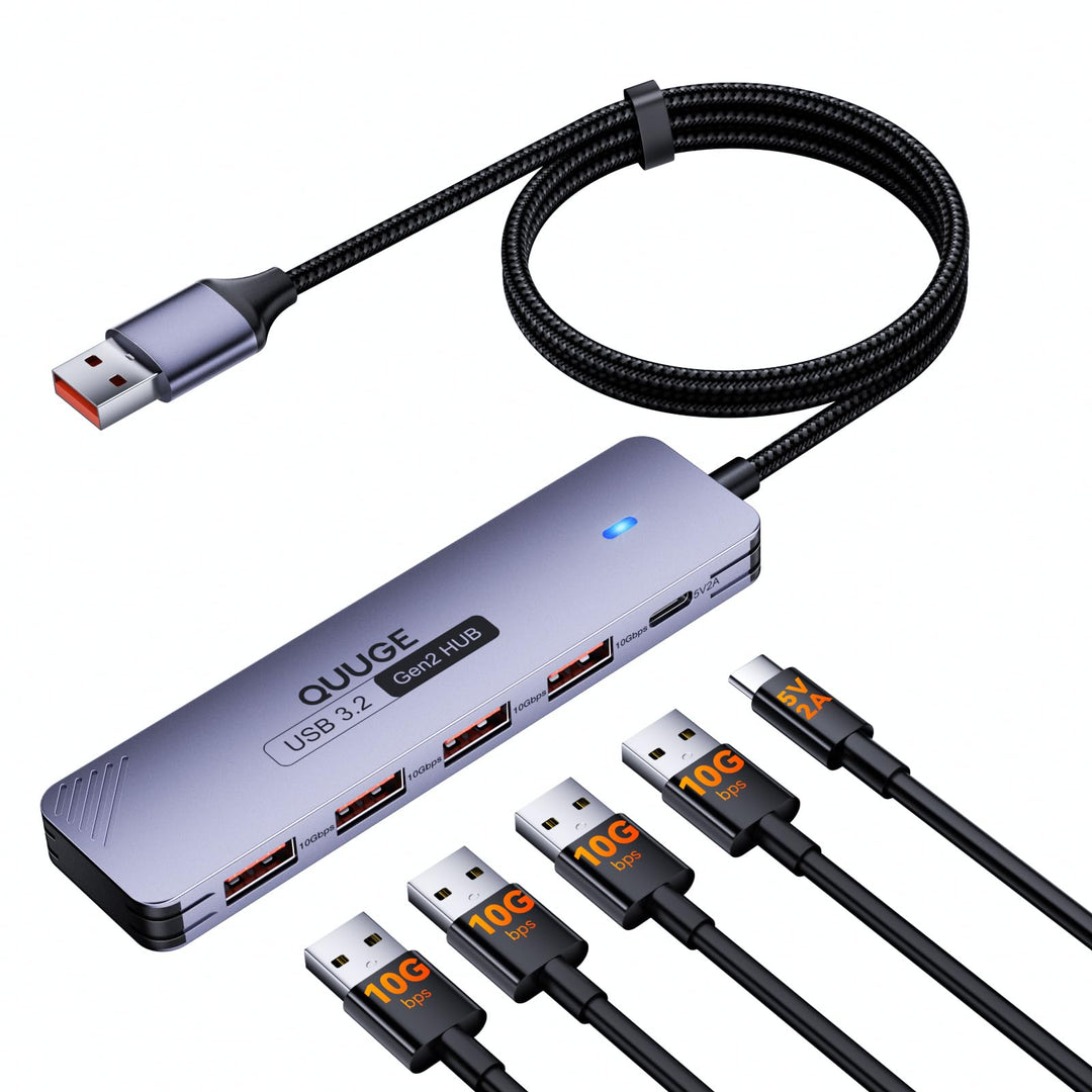 USB Hub 3.2 Gen2, QUUGE 5-in-1 USB Verteiler mit 4 Ports USB-A 10Gbps, Multiport Adapter Splitter mi
