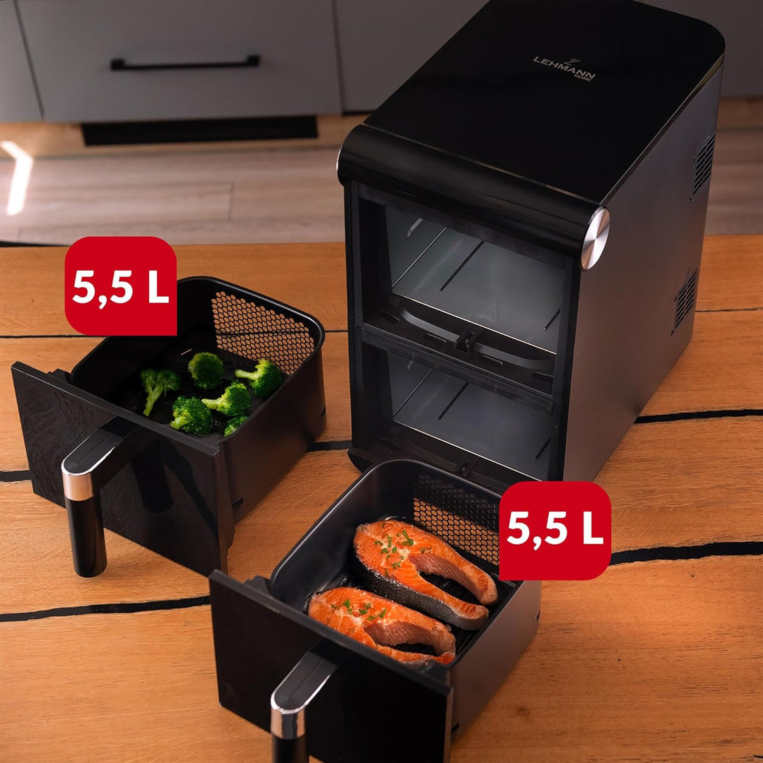 LEHMANN XXL Heissluftfritteuse 2 Kammern 11L, Airfryer Doppelkammer mit 2 vertikale Schubladen, 13 P