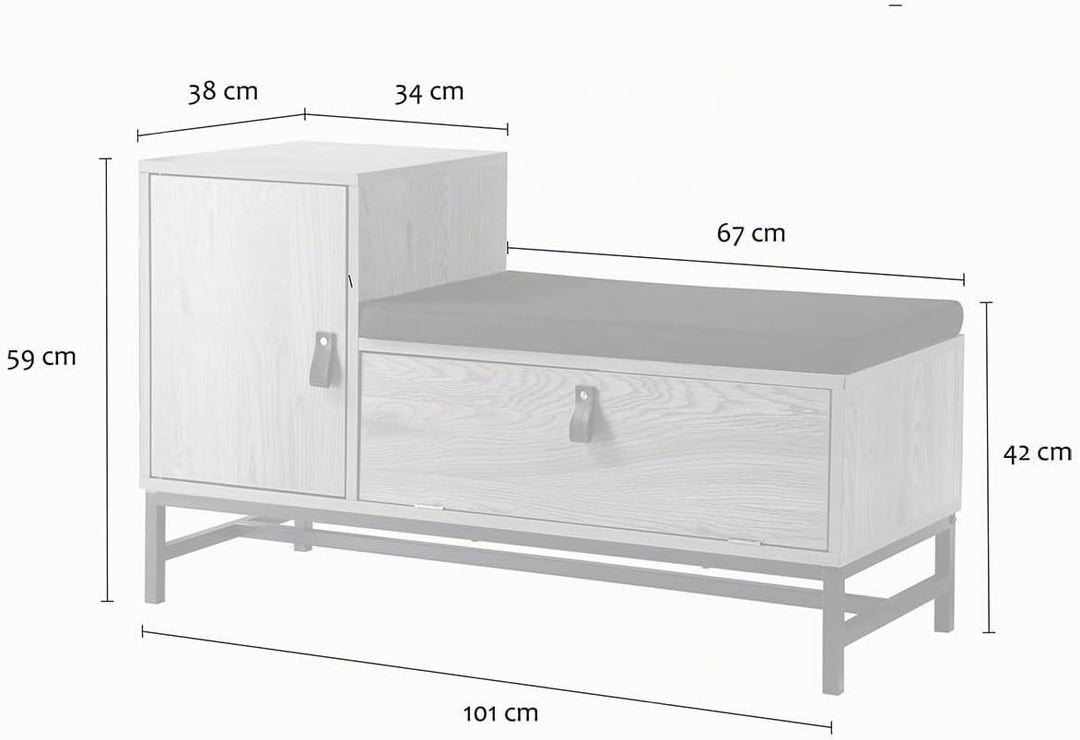 CALICOSY - Schuhbank - Eichenoptik - Spanplatten - Metallgestell - Griffe in Lederoptik - Polyesterg