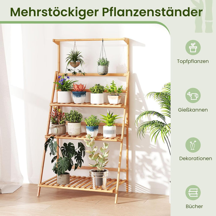 RELAX4LIFE Pflanzenleiter Bambus, robuste Pflanzenständer 3 Etagen, Pflanzenregal mit höhenverstellb
