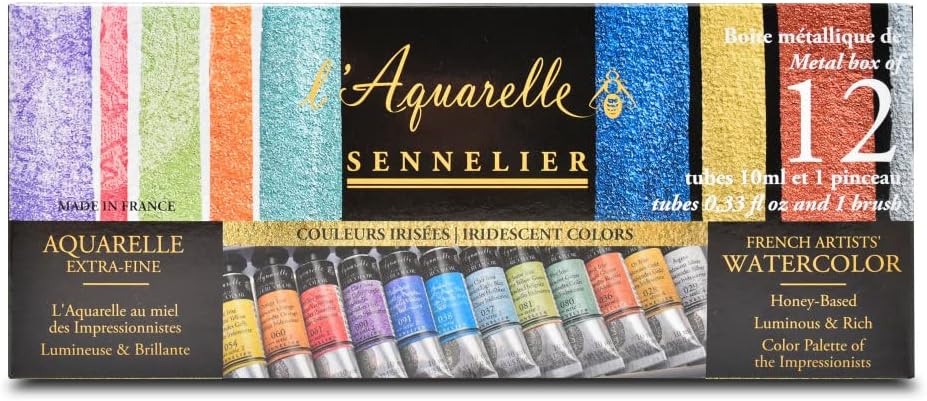 Sennelier l'Aquarelle Irisierende Farben, 12 Tuben á 10ml und Pinsel im Metallkasten