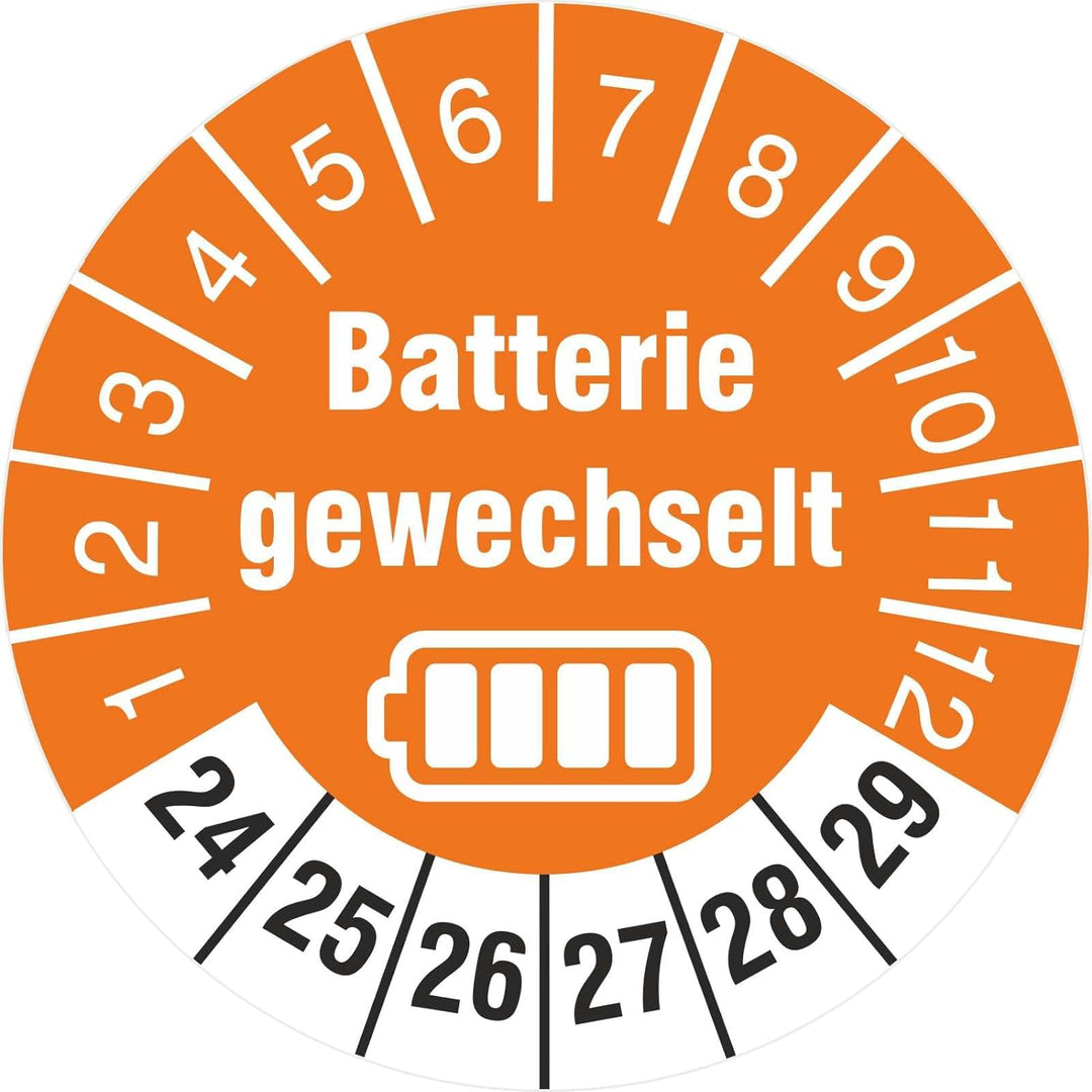 500 Prüfetiketten Batterie gewechselt 30 mm Batteriewechsel durchgeführt 2024-2029 500 30mm Durchmes