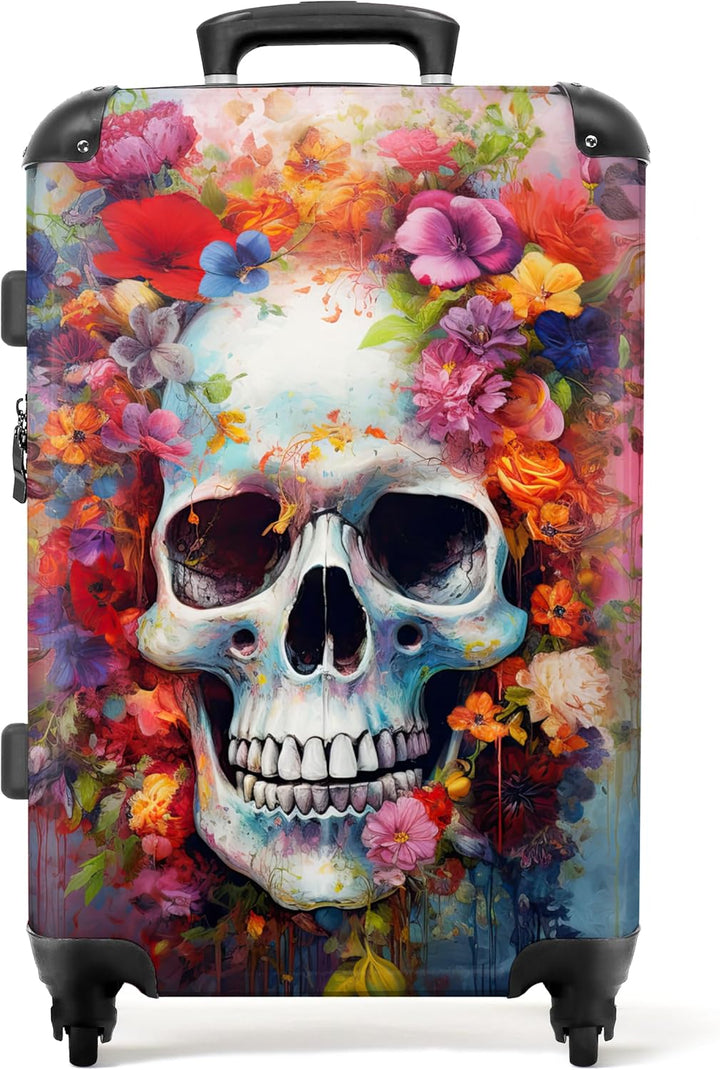 NoBoringSuitcases.com® Grosser Koffer - Totenkopf - Blumen - Aquarell - Botanisch - Schädel - Kombin