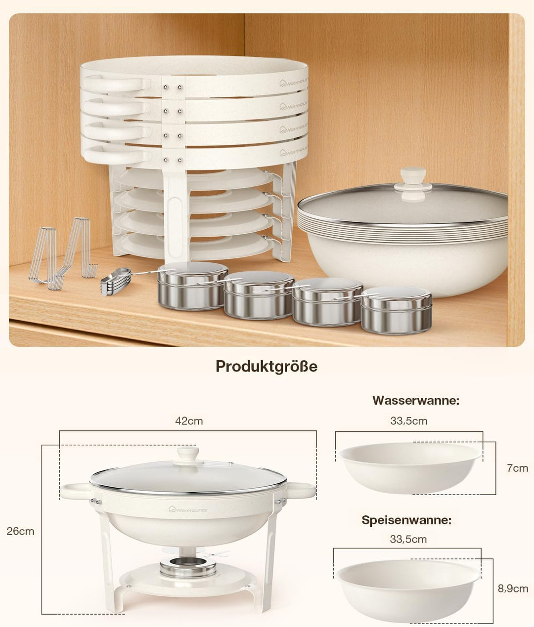 WARMOUNTS Chafing Dish Buffet 5L 4er Set Weisse, Maifan Stein Beschichtung Rund Speisenwärmer für Ca