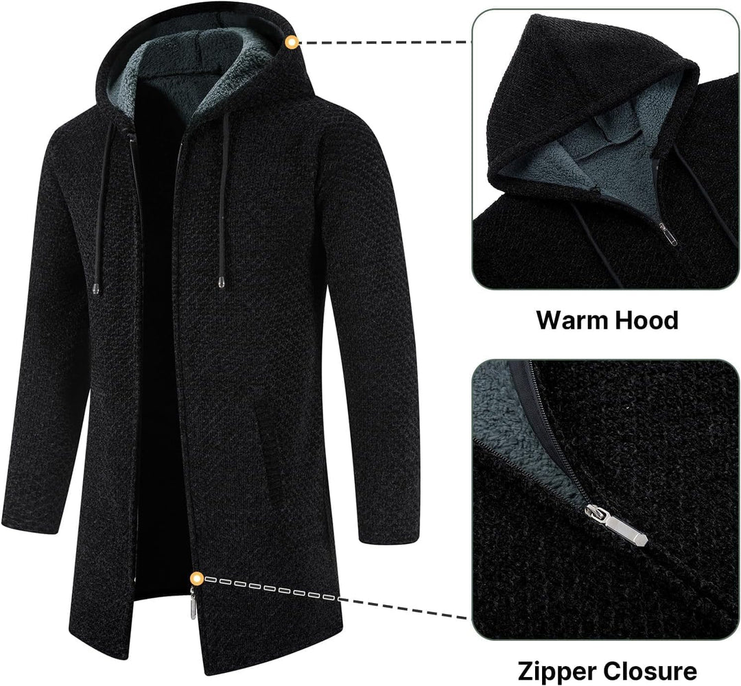 KUDORO Strickjacke Herren Cardigan Lang Trachtenjacke Kapuze mit Kapuze Gestrickt Pullover Hoodie Wi