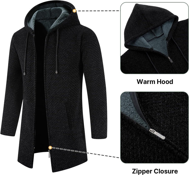KUDORO Strickjacke Herren Cardigan Lang Trachtenjacke Kapuze mit Kapuze Gestrickt Pullover Hoodie Wi