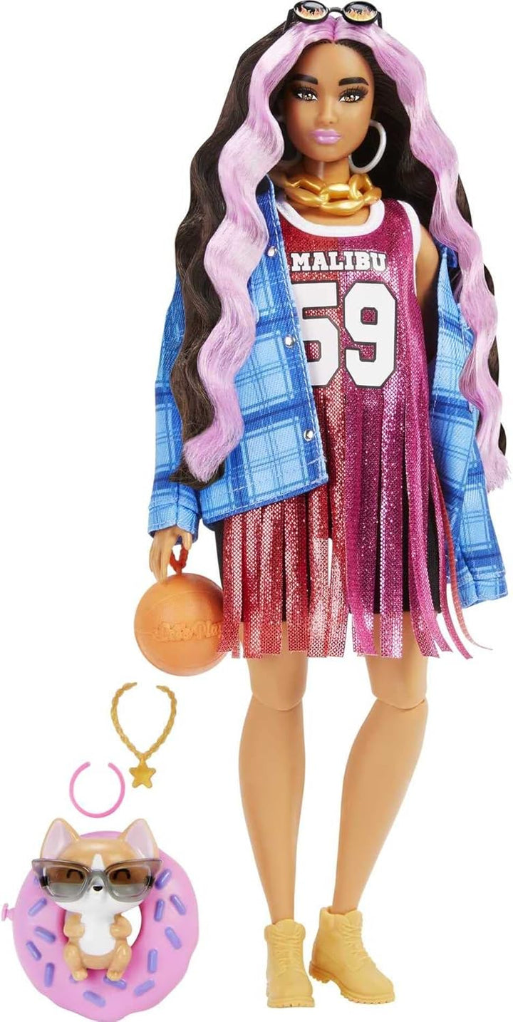 Barbie HDJ46 - Extra Puppe in Basketball Trikot Kleid & Zubehör, mit Haustier Corgi, extra langes ge