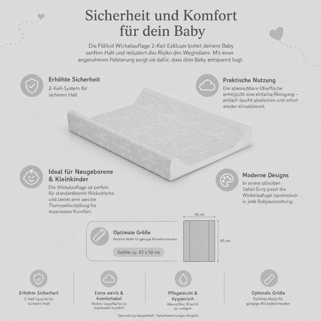 Fillikid Wickelauflage 2-Keil Exklusiv/Wickelmulde 50x65 cm/Wickelunterlage mit abwaschbarer Folienb