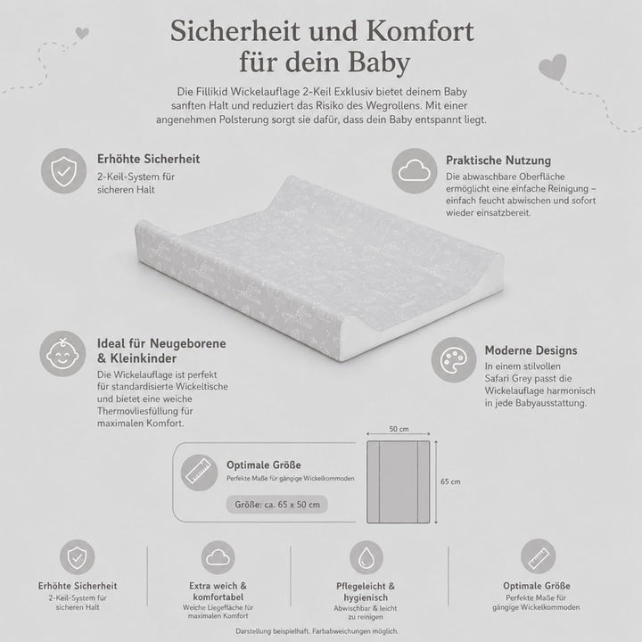 Fillikid Wickelauflage 2-Keil Exklusiv/Wickelmulde 50x65 cm/Wickelunterlage mit abwaschbarer Folienb