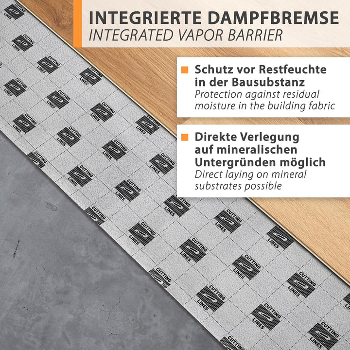 48m² Trittschalldämmung 3mm mit AquaStop, Verlegeunterlage für Parkett &amp; Laminat, Heizfilm-Unterlage