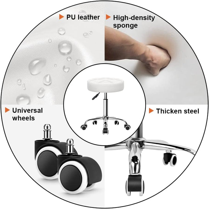 KKTONER Rollhocker Barhocker Arbeitshocker höhenverstellbar 51-67cm drehbar aus Kunstleder Weiss, We