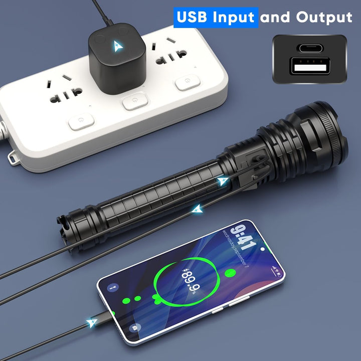 LED Taschenlampe Extrem Hell 90000 Lumens XHP90 USB Wiederaufladbar mit Batterieanzeige, 5 Modi wass