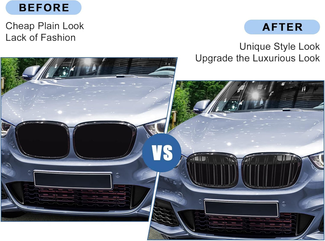 Gangying Kühlergrill Passend für BMW X1 F48 F49 2016 2017 2018 2019 Schwarz Glanz Kühler Front Doppe