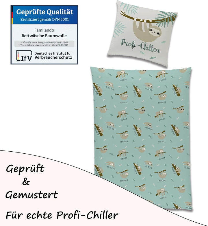 Familando Faultier Bettwäsche-Set 135x200 cm + Kissen 80x80 cm · Profi-Chiller · Kinder-Bettwäsche 1