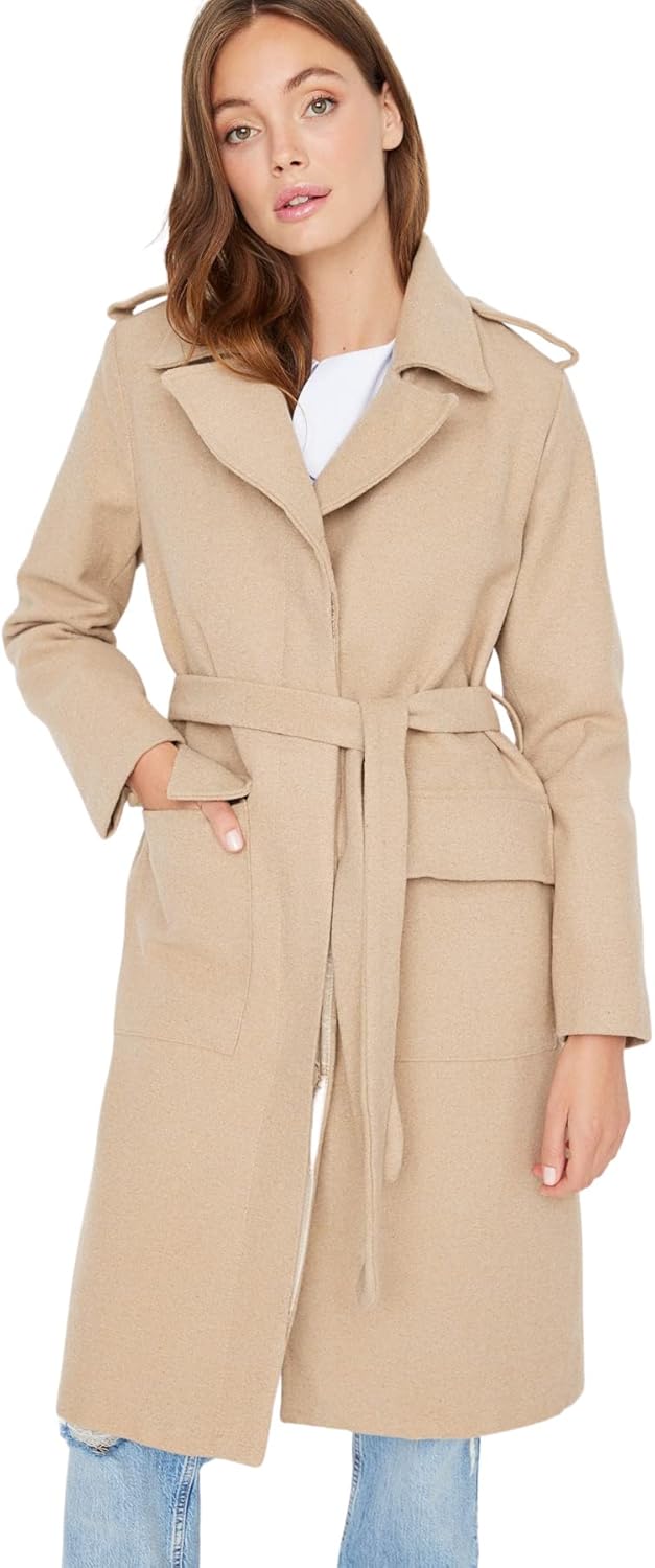 TRENDYOL Damen Trendyol Women's Regular Biker Jackets Plain Woven Fabric Coat, Hellbraun, 34 EU