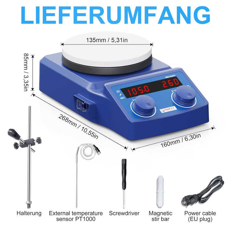 Labor Magnetrührer Heizplatte 135mm 100-1500rpm 280°C 5L LED-Display Magnetic Stirrer Mixer Magnetmi