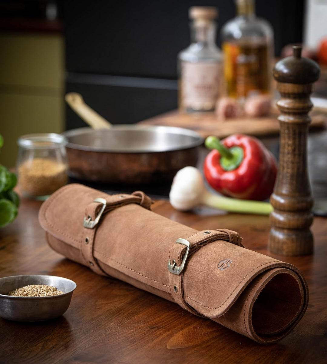 Angus Stoke Messertasche Leder Köche 7-Fach Echt-Leder Kochmesserrolle gross – Messer Tasche Kochmes