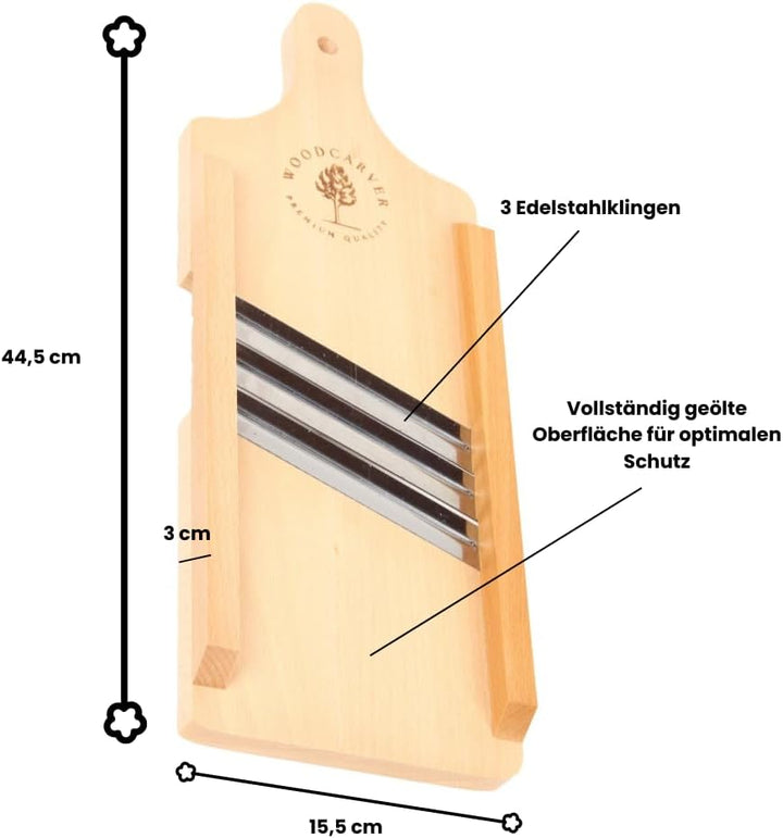 Woodcarver Krauthobel Holz – 3 Klingen aus Edelstahl – Gemüsehobel Manuell aus Geöltem Buchenholz –