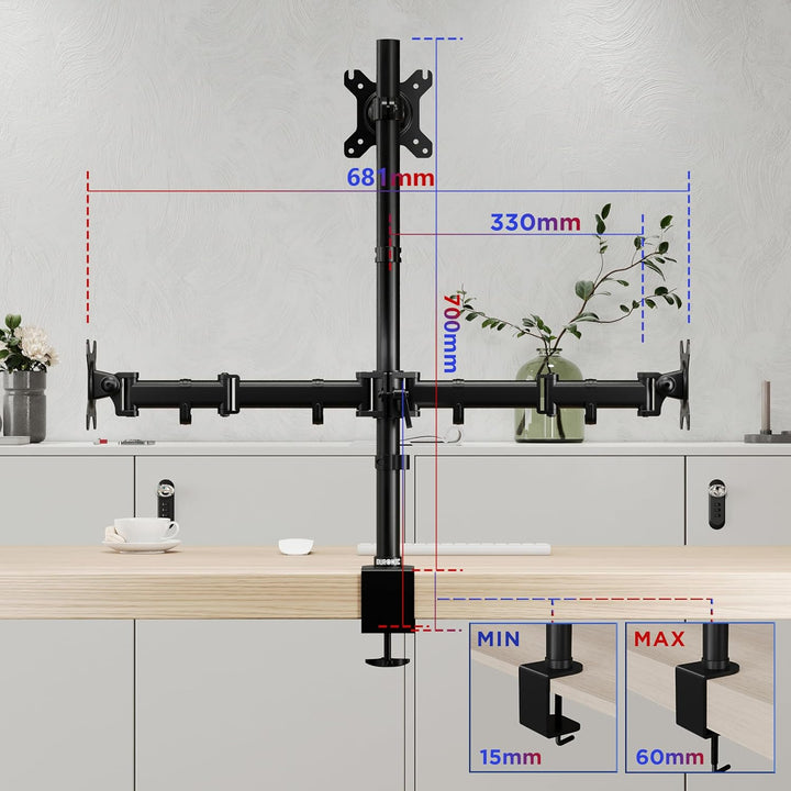 Duronic DM253 Monitorarm | Monitor Halterung 3 Bildschirme bis 27" Zoll | LCD LED Display Ständer bi