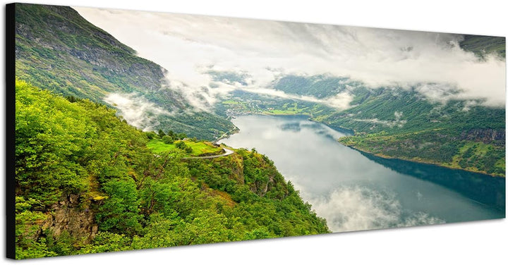Paul Sinus Art Panoramabild auf Leinwand und Keilrahmen 120x40cm Norwegen Fjord Landschaft Nebel