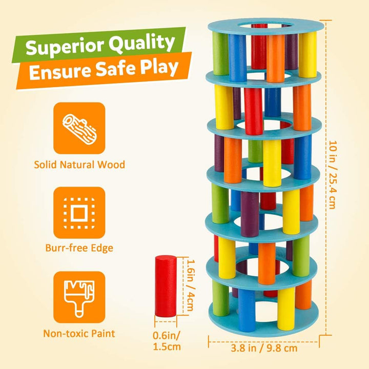 Coogam Hölzern Turm Stapelspiel, Feinmotorik-Bausteine mit Würfeln Schiefer Turm Spielzeug Montessor