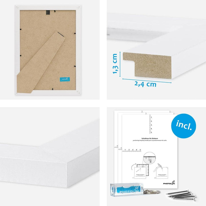 PHOTOLINI Bilderrahmen-Set Weiss MDF-Holz, breite Rahmen, 10er Rahmenset, modern, bruchsicheres Acry