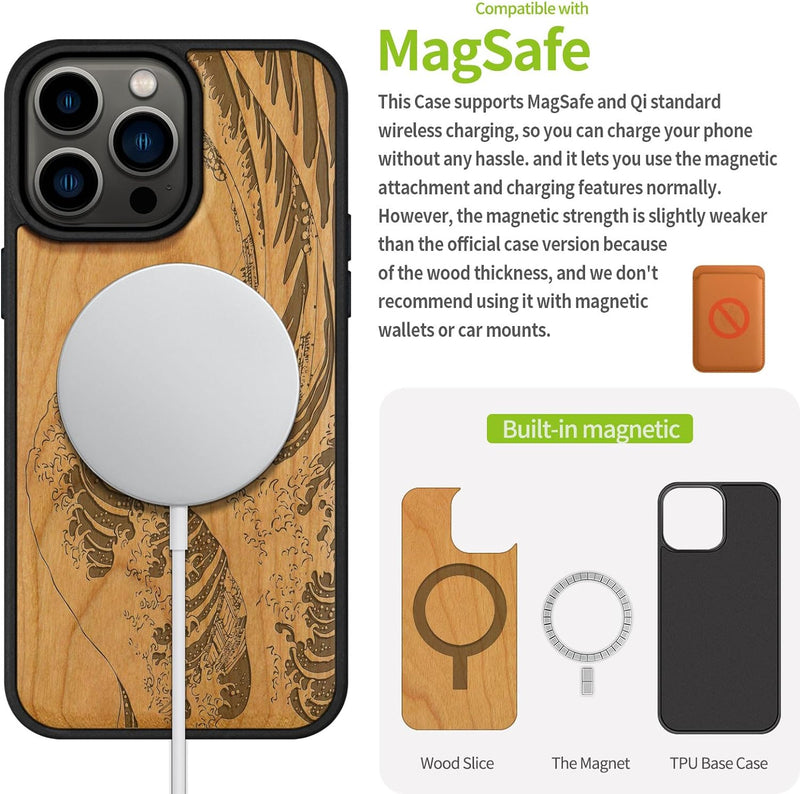 Carveit Handyhülle für iPhone 15 Pro Max Cover Kompatibel mit Magsafe [Holz und TPU Silikon Hybrid h