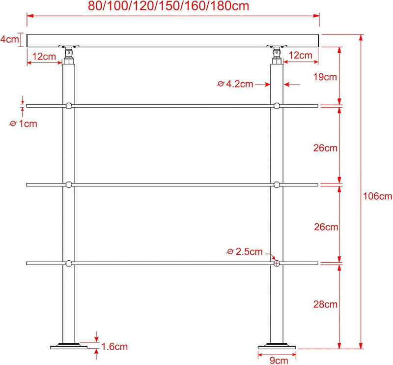 LARS360 80cm Handlauf Geländer Treppengeländer Ø 42 mm Geländerstäben aus Edelstahl 3 Querstreben Te