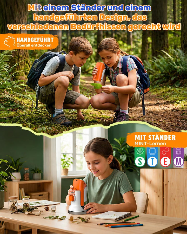 Mikroskop für Kinder mit Stand: Digitales Handmikroskop 100 – 1000 x: LCD-Display 4 K, 2,0 Zoll, USB