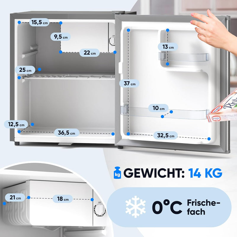 Stillstern Mini Kühlschrank E 45L mit Abtauautomatik, Schloss, Frostfach, Leise, Ideal für Küche, Bü