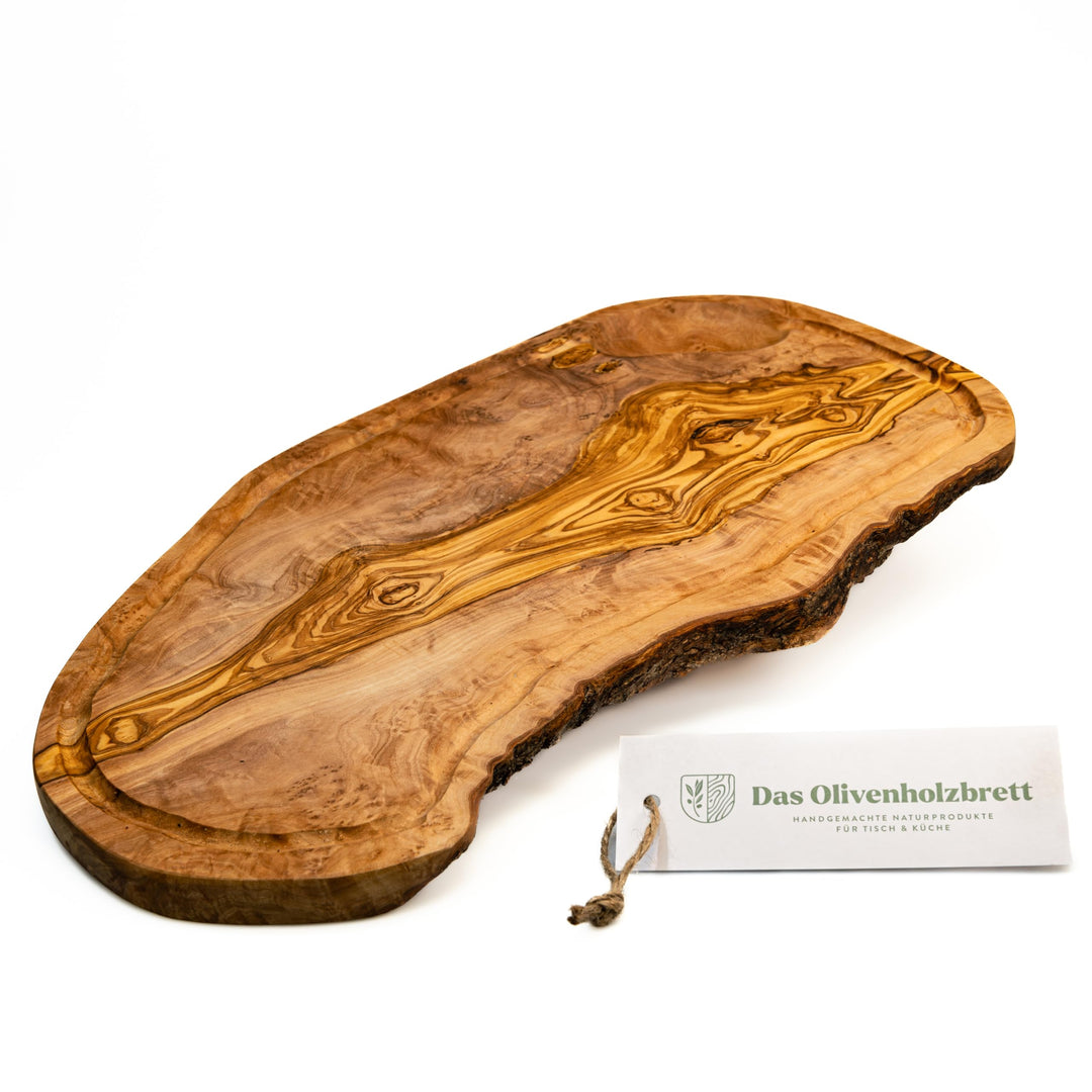 DAS OLIVENHOLZBRETT® Olivenholz Schneidebrett mit Saftrille/Servierbrett aus Olivenholz/Steakbrett/O