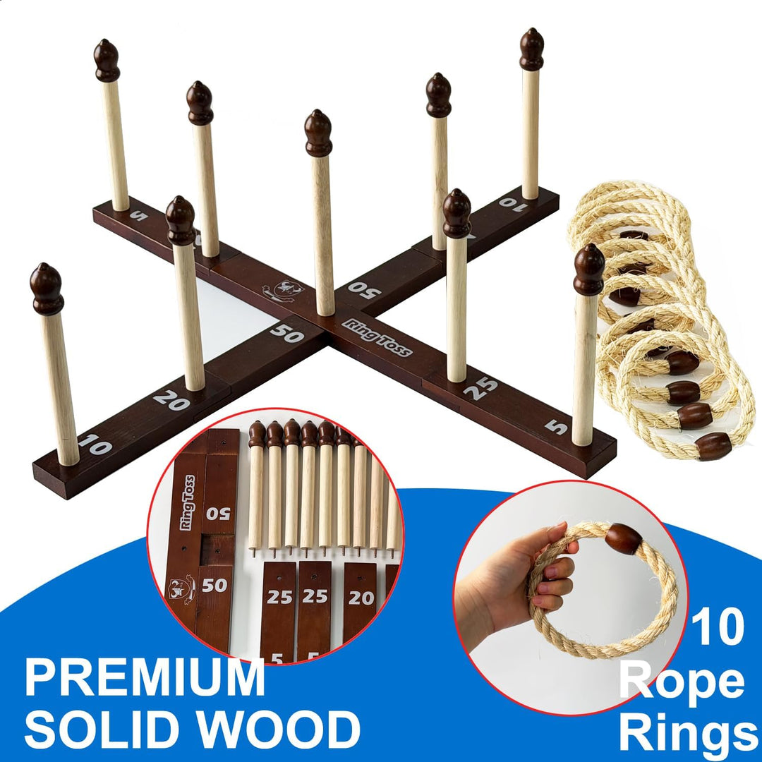 Quoits Ringwurfspiel aus Holz – Wurfspiel-Set mit Tragetasche 10 x Seilringe, 10 x Seilringe