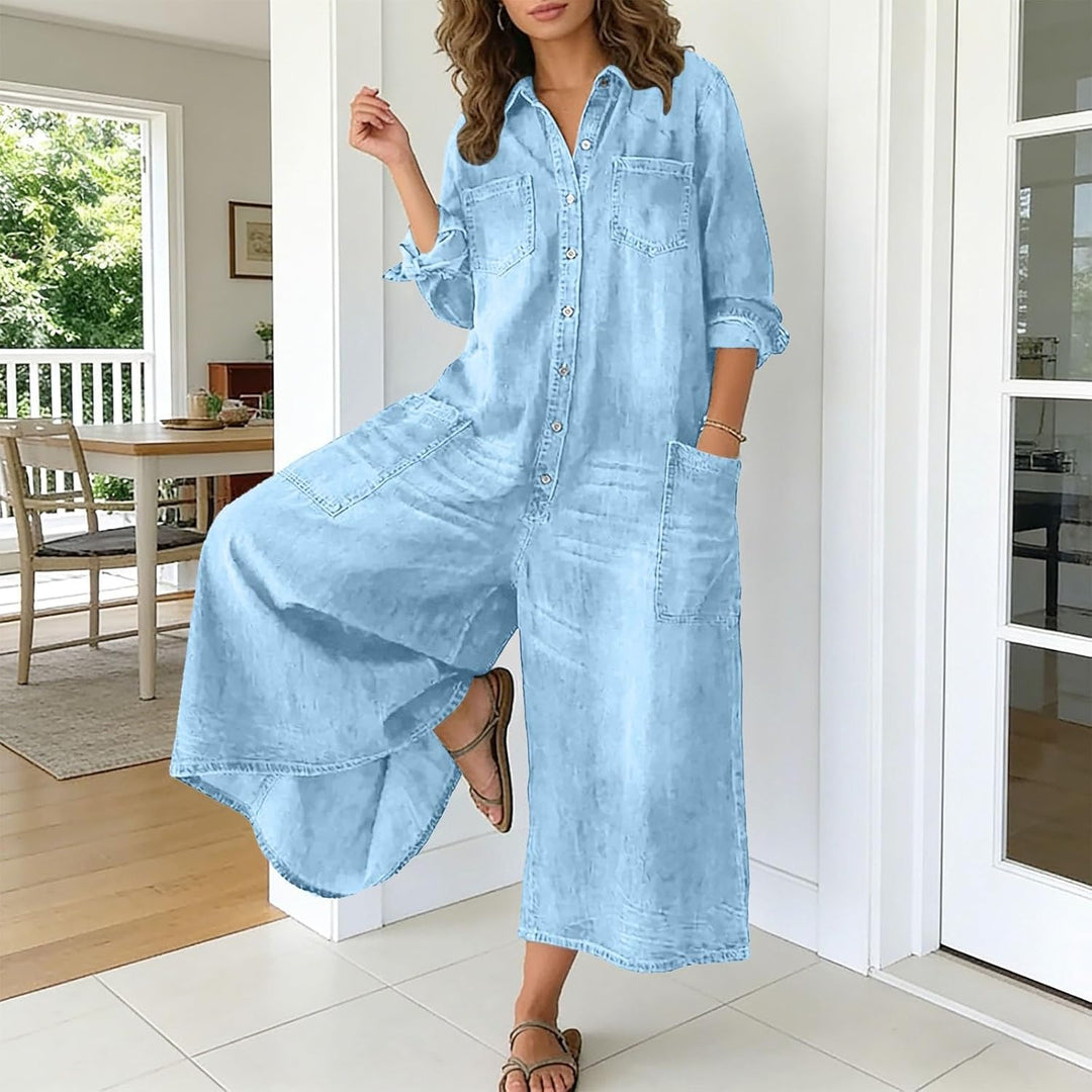 Jumpsuit Damen Elegant Einteiler Sommer Overall Einfarbig Revers Langarm Latzhose Mit Taschen Weites