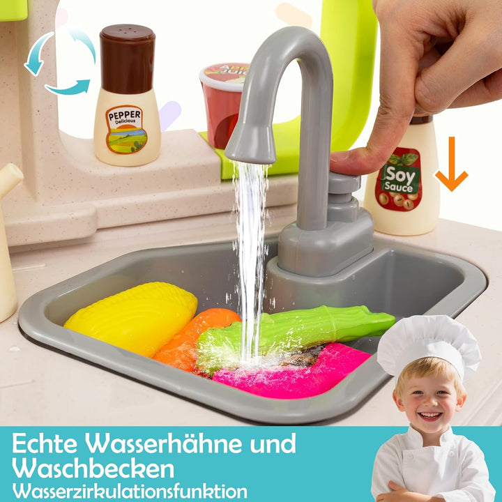 COSTWAY Kinderküche mit 113 Zubehör, Eck-Spielküche mit Licht, Sound & Dampf, Kinder Küche mit Kochh