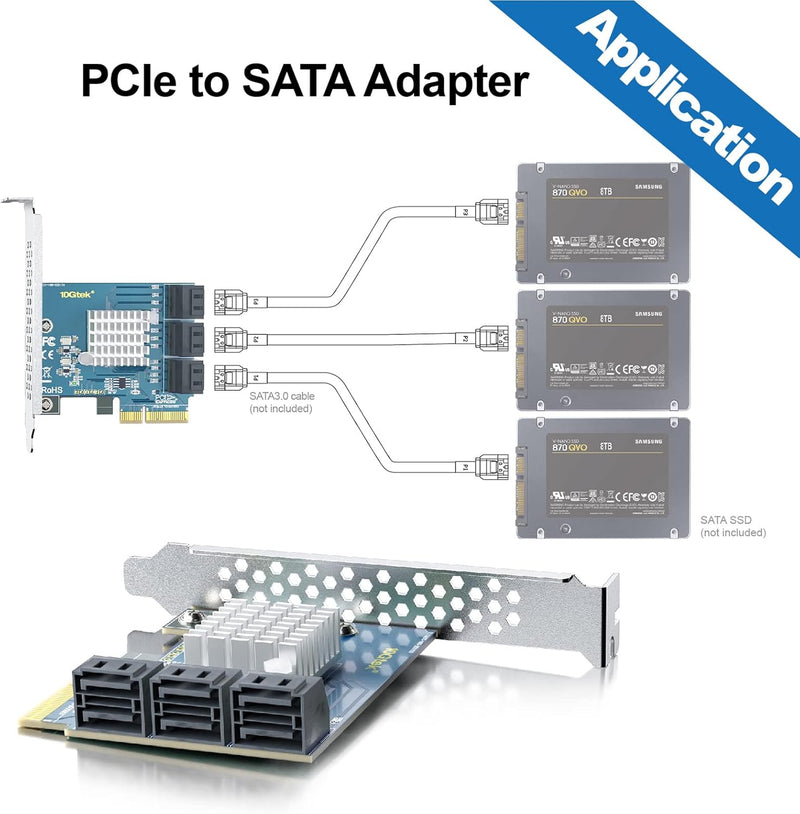 10Gtek PCIe SATA X4 Card 6 Port with 6 SATA Cables and Low Profile Bracket, 6Gbps SATA3.0 Controller