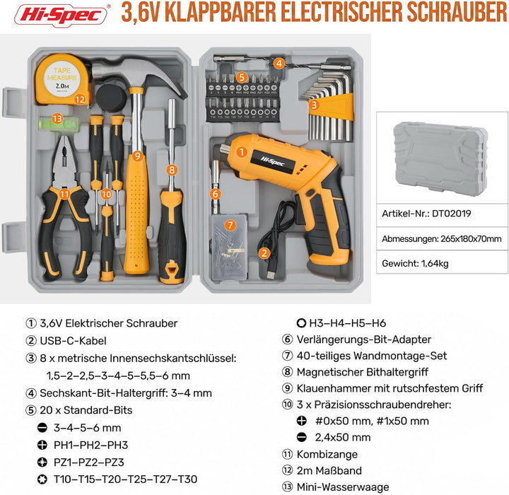 Hi-Spec 42-tlg. Werkzeugkoffer-Set mit Kleinem Akkuschrauber 4V.Komplettes Werkzeugset für Heimwerke