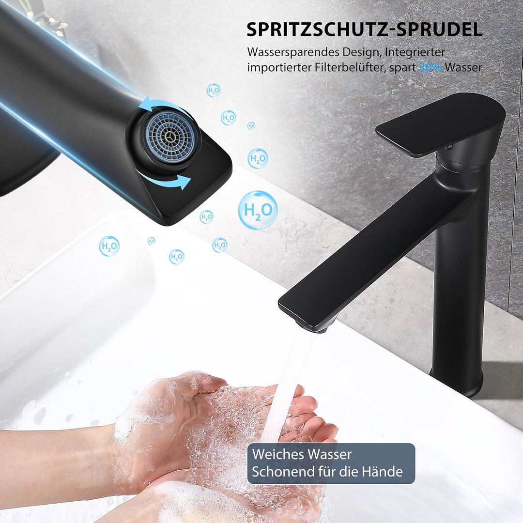 HOMELODY Wasserhahn Bad Schwarz Hoch - Bleifrei Rund Waschtischarmatur mit Auslauf Höhe 250 mm - Ein