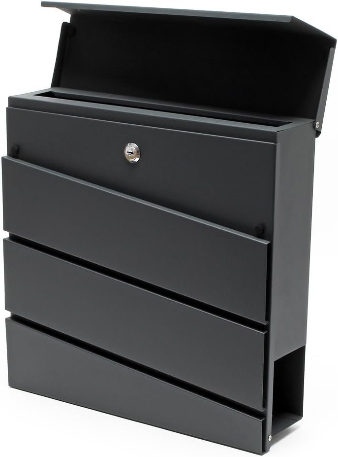 Wiltec Designer Briefkasten V16 Anthrazit 370 x 105 x 370 mm, Wandbriefkasten mit Schloss und Zeitun