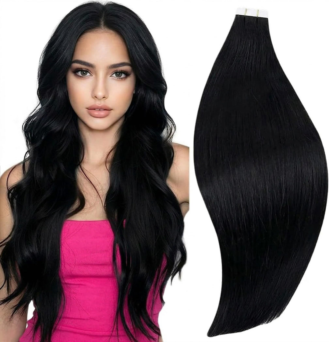 RUNATURE Remy Tape in Extensions Echthaar Schwarz 35cm Unsichtbar Menschenhaar Extensions Tape in Ec