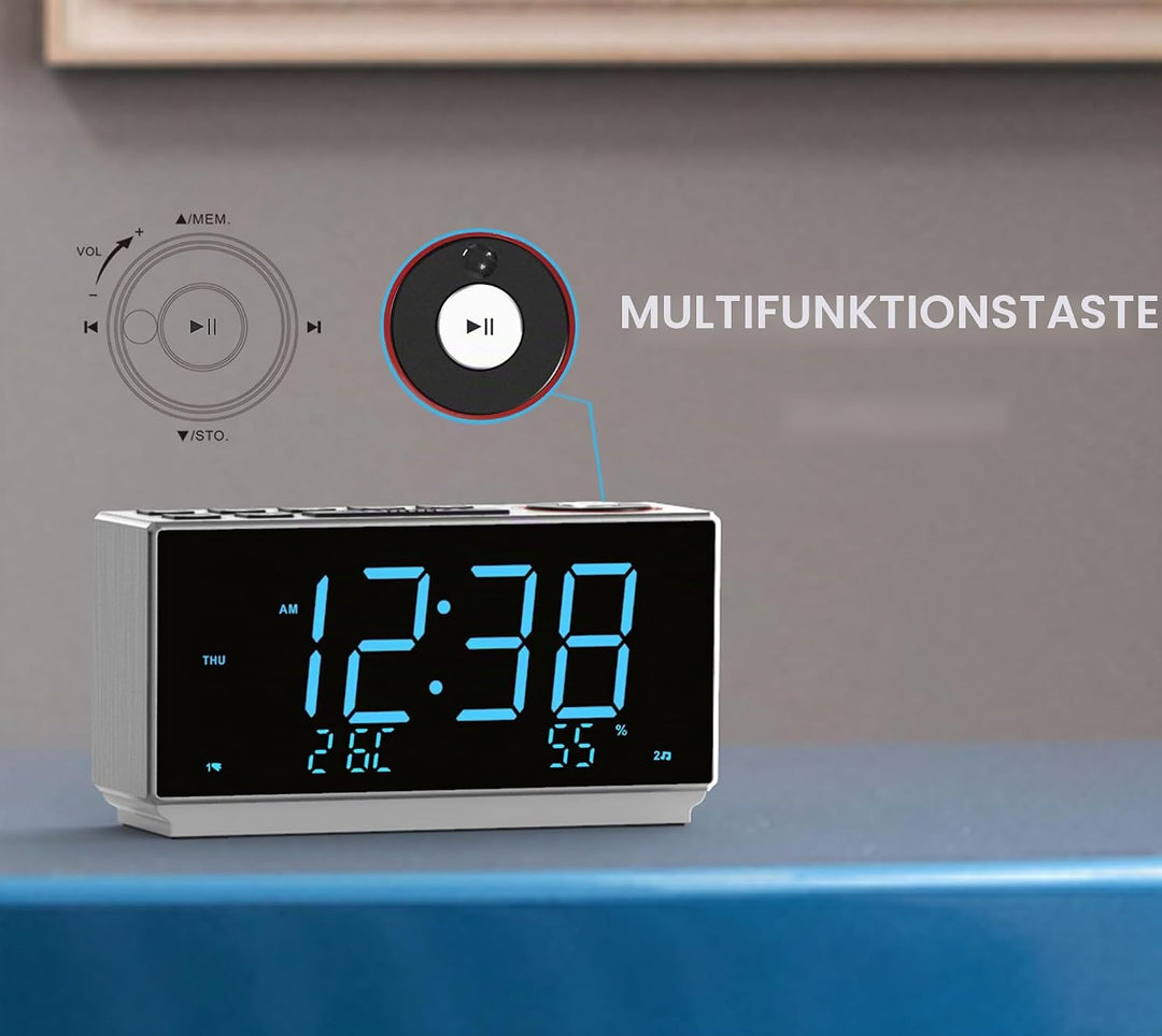 iTOMA Wecker mit FM-Radio, USB-Aufladung, 1.8'' Ice Blue LED-Anzeige, Nachtlicht, Dual Alarm, Snooze