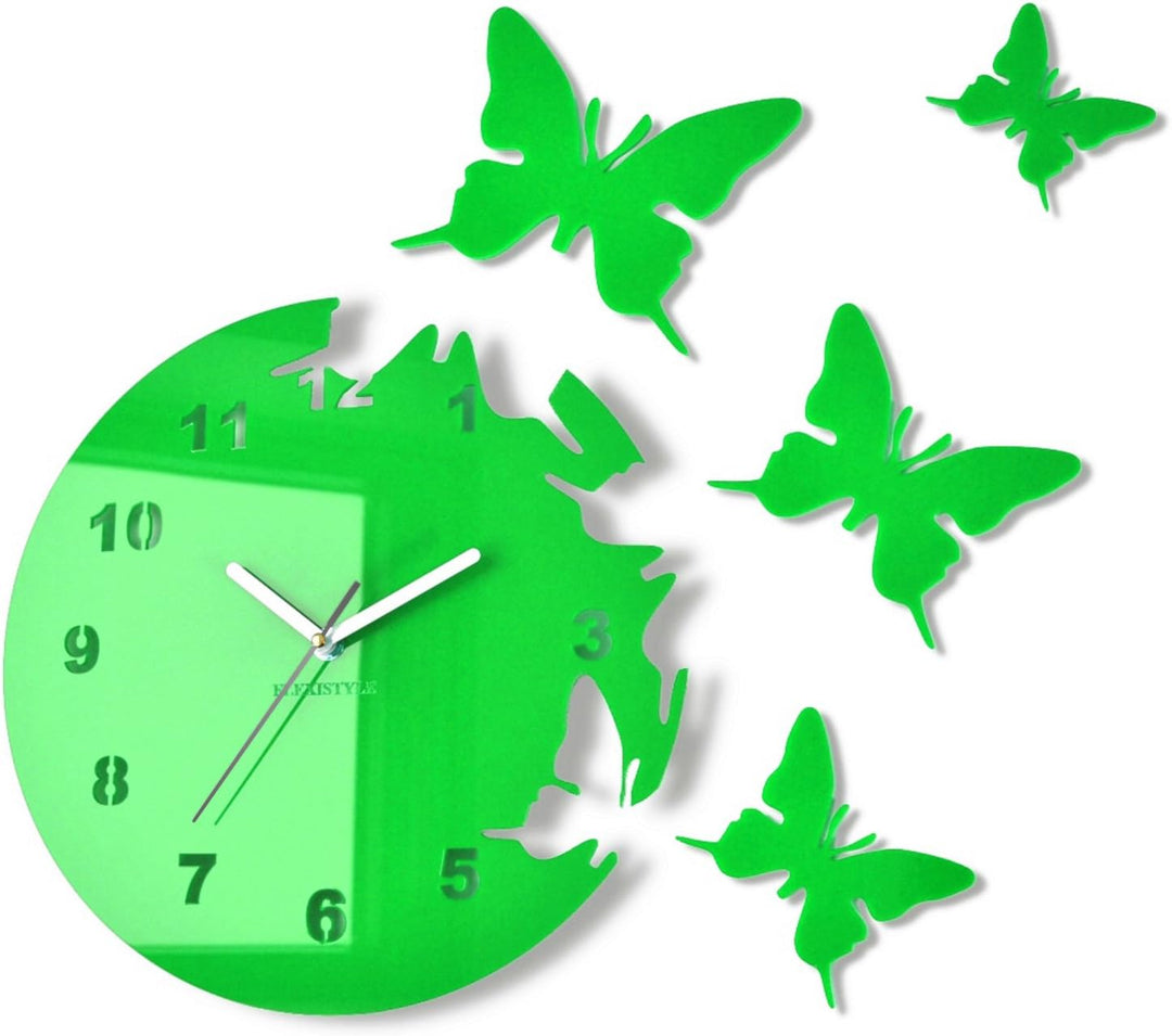 FLEXISTYLE Grosse Moderne Wanduhr Schmetterling Grün rund 30cm, 3D DIY, Wohnzimmer, Schlafzimmer, Ki