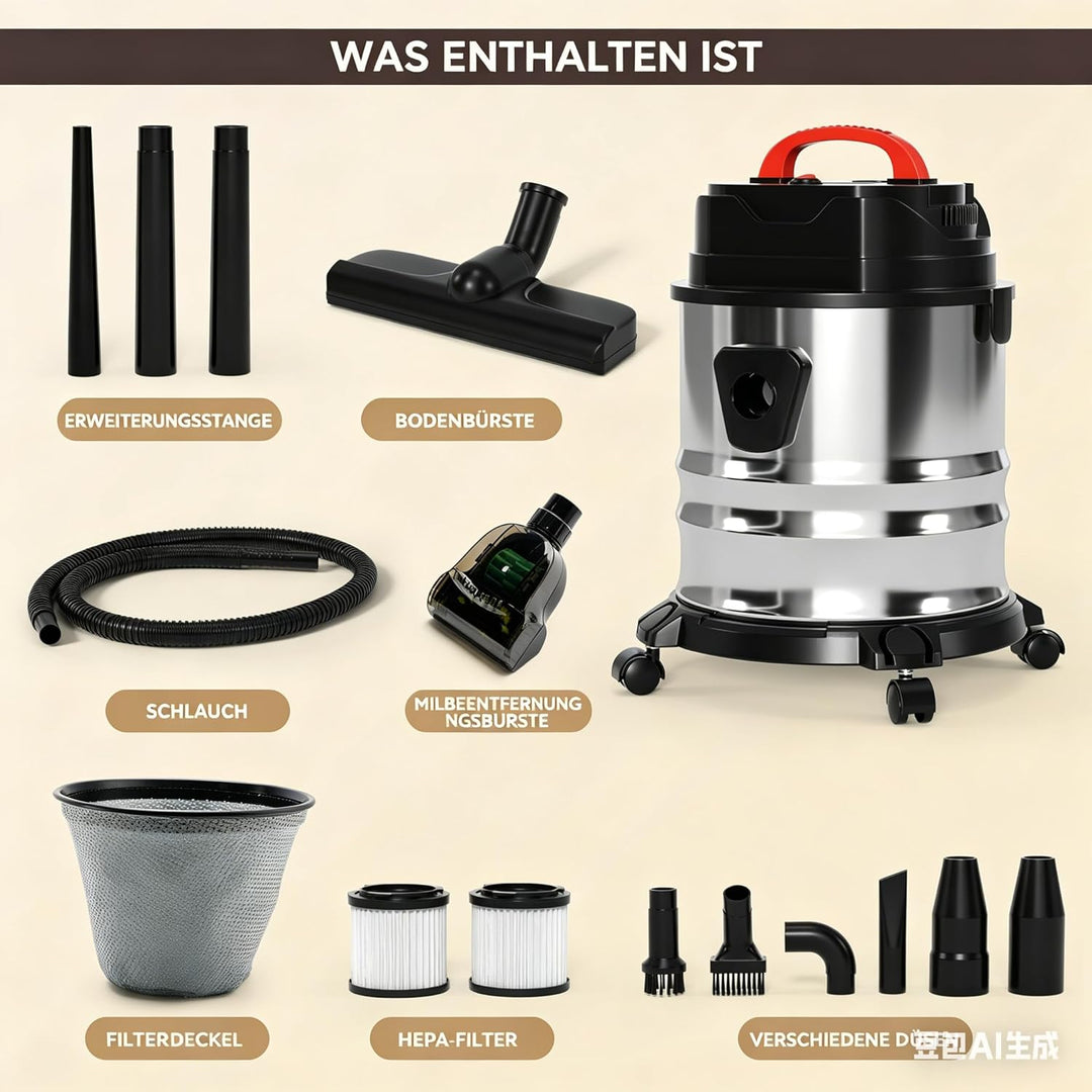 Nass- und Trockensauger 1800W, 18L Edelstahl Behälter, Allzweck Staubsauger für Teppich &amp; Glatte Böd