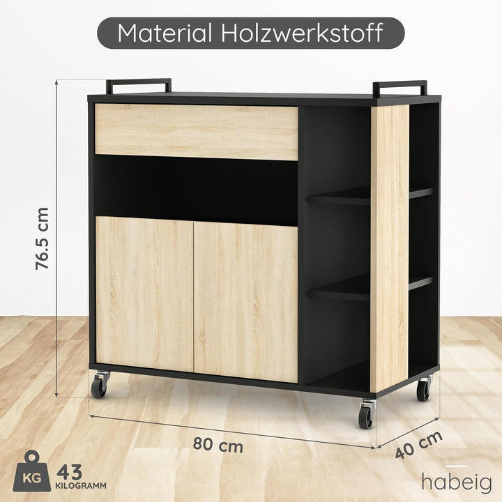 habeig Küchenwagen Küchenschrank Eiche Schwarz mit schwarz Küchentrolley Schublade Holz Rollen Küche