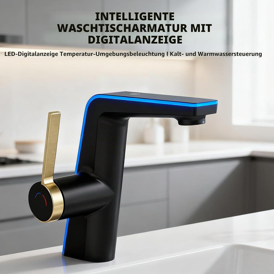 Wasserhahn Bad mit LED-Temperaturanzeige, Waschtischarmatur Badarmatur Einhebelmischer Küche Wasserh