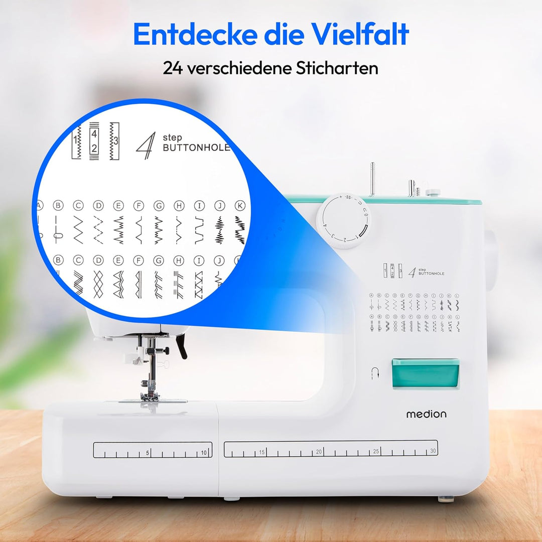 MEDION Freiarm-Nähmaschine SM60 (60 Watt, 60 verschiedene Stichmuster mit Knopflöchern, LED Nählicht