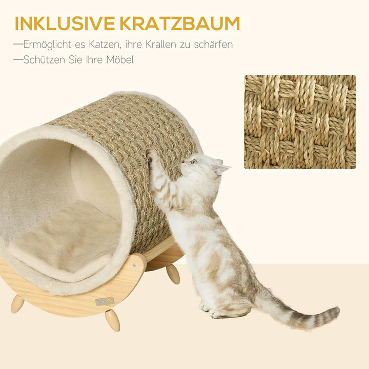 PawHut Katzenhöhle Katzenbett Katzenhaus mit Regal Kratzunterlage Katzenzelt Haustierhaus Khaki+Natu