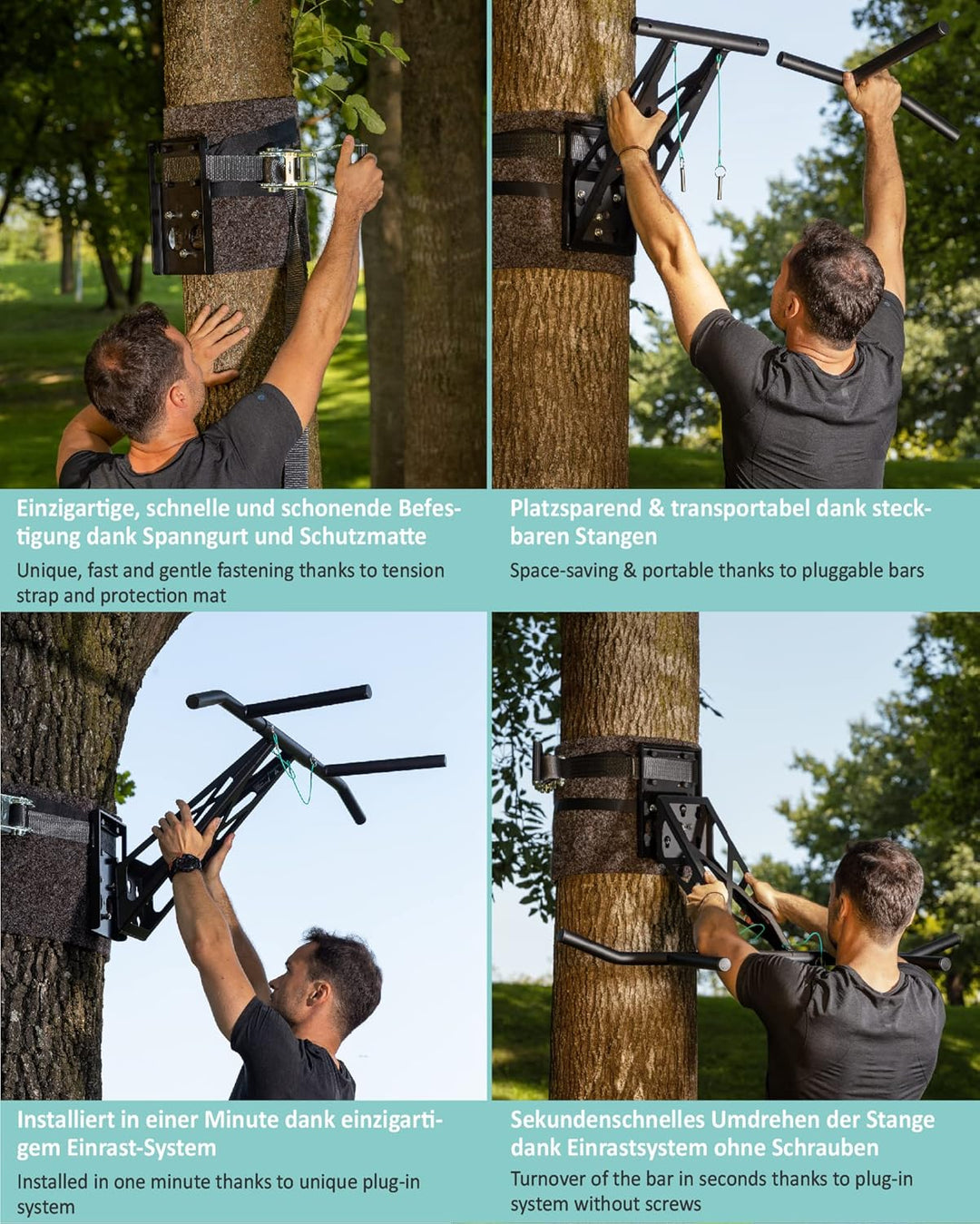 PULLUP & DIP Premium Klimmzugstange und Dip Stange, Mobil für Wand und Befestigung an Baum & Pfosten