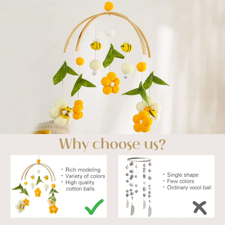 Youuys Mobile Baby Holz mit Filzbällen, Bienen und Blumen Baby Mobile Windspiel, Bettglocke Anhänger