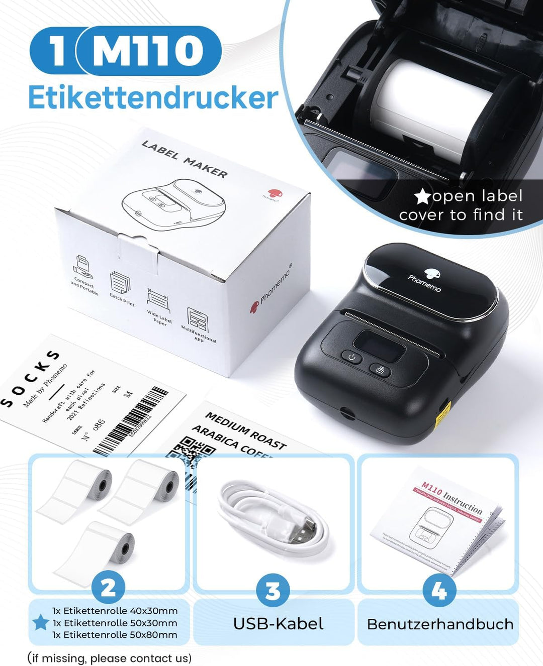 Phomemo M110 Etikettendrucker mit 3 Etikettenrollen, Beschriftungsgerät Selbstklebend für Telefon un