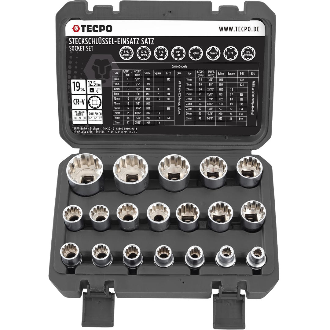 TECPO Steckschlüssel Satz 19-tlg. Sechskant 8-32 mm 1/2 Zoll Werkzeug Nuss-Set Zöllig 5/16"-1-1/4" E